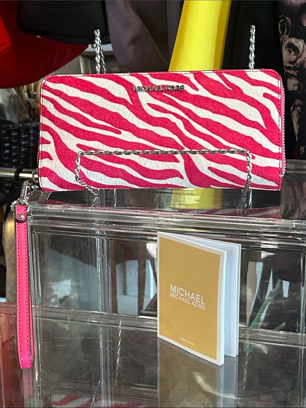 Michael Kors Dragon Fruit Zebra-Print Calf-Hair Leather Wristlet 8.5”x 4” NWT
